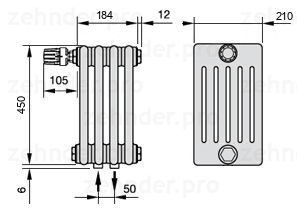 Схема (чертеж) Радиатор Zehnder Charleston 6045/4 №V007 Белый глянцевый RAL 9016